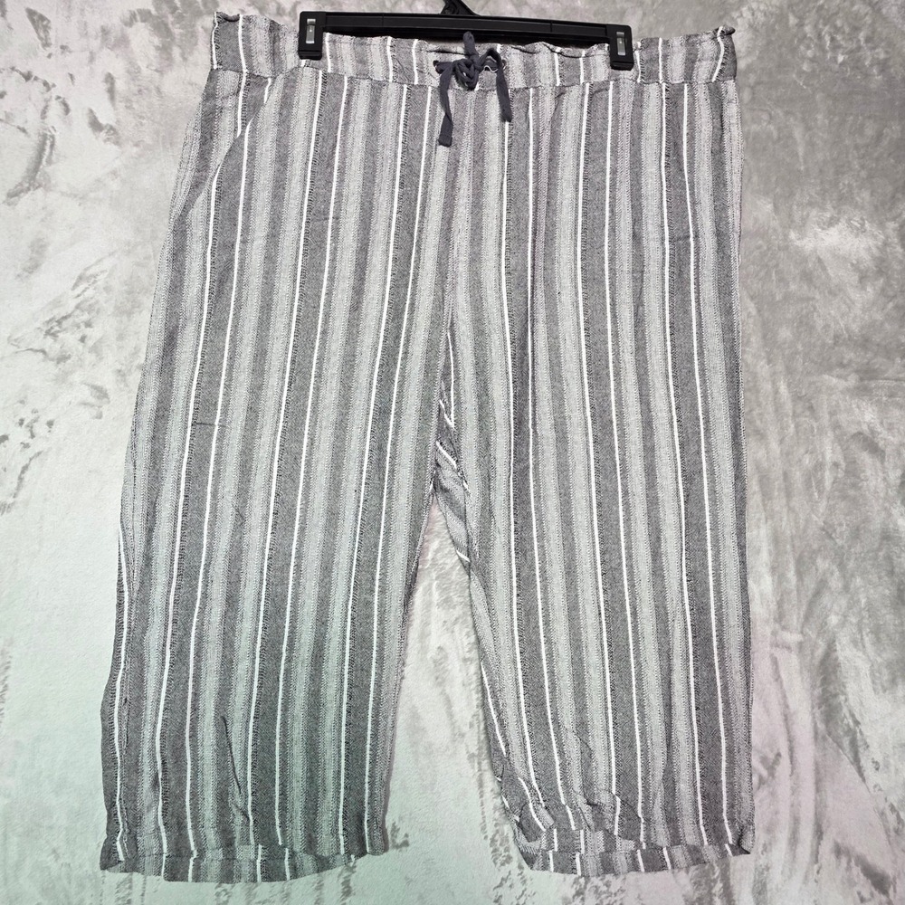 Dash Women Grey White Striped Linen Blend Drawstring Crop Pants Plus Size 1X